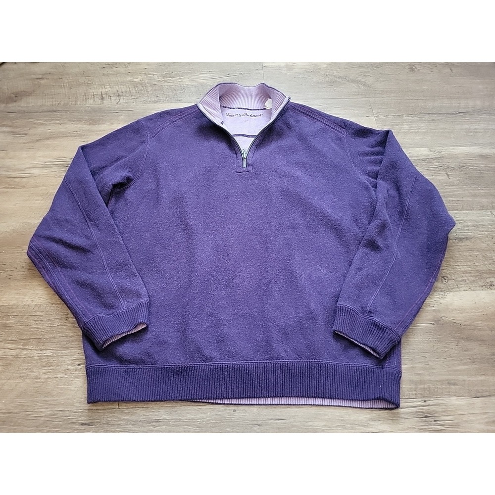 Tommy Bahama Reversible 1/4 Zip Pull Over Sweater Gray and Purple Mens Sz‎ Large